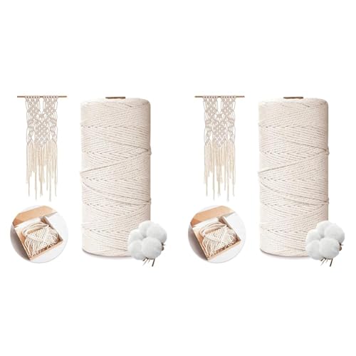 AiQInu Makramee Garn 2mm x 200m, 100% Natürliche Baumwollgarn für Basteln, Wandbehang, Stricken, DIY, Dekoration Beige (Packung mit 2) von AiQInu