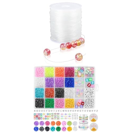 Bundle of AiQInu 120m Elastische Schmuckfaden, Transparente Perlen Faden+ AiQInu 3000pcs Perlen Für Armbänder 3mm, Buchstabenperlen, von AiQInu