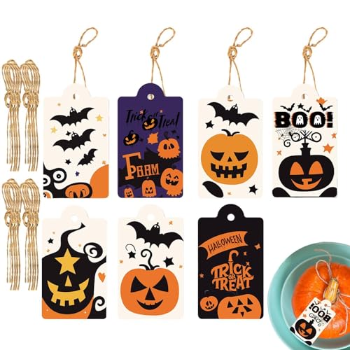 Aibyks -Tags, Geister-Tags,80 Stück gruselige Geschenkanhänger mit Schnur - Halloween-Papieranhänger, 8 Stile, -Fledermaus-Anhänger für fröhliche Halloween-Partyartikel, Dekorationen von Aibyks