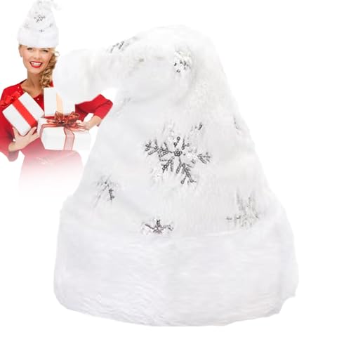 Aibyks Weiße Weihnachtsmütze,Weihnachtsmannmütze | Unisex-Kopfbedeckung mit funkelndem Schneeflockenmuster - Flauschige Weihnachtsmütze für festliche Neujahrsvorräte von Aibyks