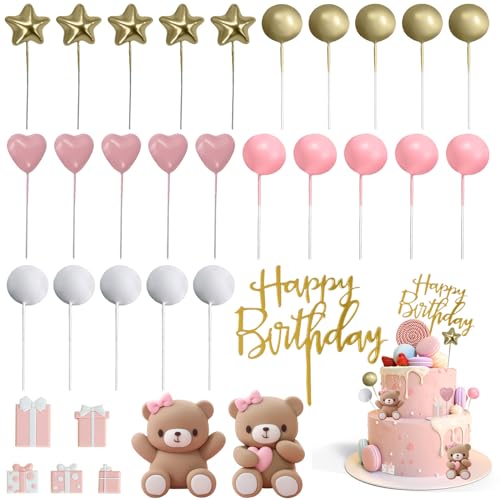 2 Stücke Bär Kuchen Deko: Tortendeko Kit Rosa Kuchen Dekoration Mädchen Bär Geburtstagstorte Deko Happy Birthday Tortendeko Baby Dusche für Babyparty Hochzeit Kuchendekoration von Aicharynic