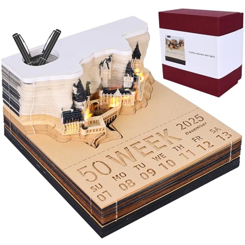 3D-Notizblock: 2025 Tischkalender-Notizblock, 3D Kalender Abreißen 2025 Kalender, 3D-Magic Castle-Wochenkalender-Notizblock mit Licht und Stifthalter, Kreatives Papierskulptu Geschenk DIY-Geschenk von Aicharynic