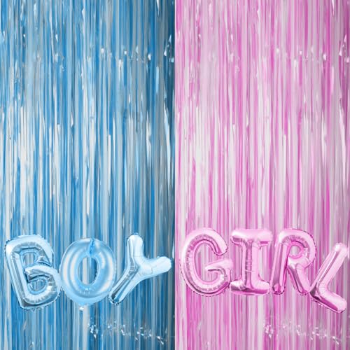 Geschlecht Reveal Dekorationen, Baby Gender Reveal Party Deko Geschlecht Offenbaren Hintergrund Rosa und Blaue Luftballons mit Fransenvorhängen Offenbaren für Baby-Geschlechts-Hintergrund von Aicharynic