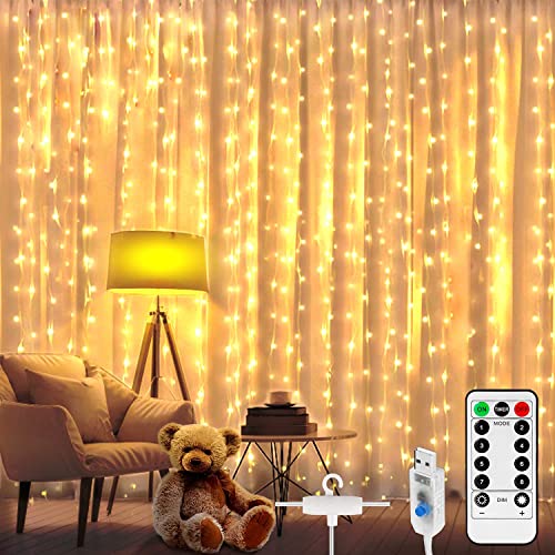 LED Lichtervorhang 3M x 2M, 200 LEDs Lichterketten Vorhang 8 Modi USB Vorhanglichter IP67 Wasserfest mit Fernbedienung Timer für Weihnachten Party Schlafzimmer Innen und außen Deko Warmweiß von Aicharynic