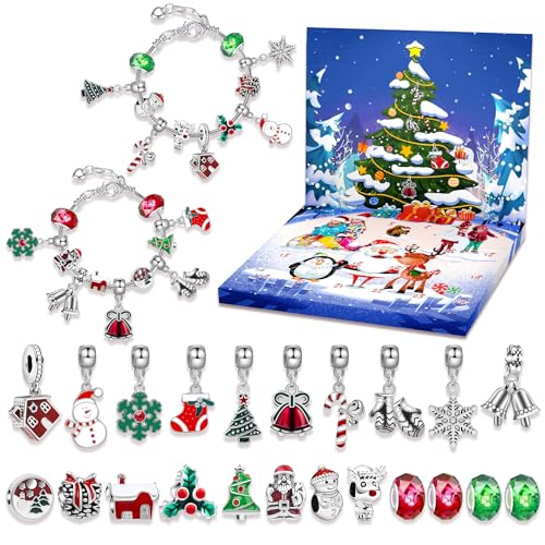 Schmuck Adventskalender Armbänder Weihnachten Schmuck Adventskalender für Mädchen 2 Ketten 22 Perlen 24 Tage Weihnachten Bettelarmband Weihnachten Countdown Kalender Geschenk DIY Armband - 2 Set, A von AidSci