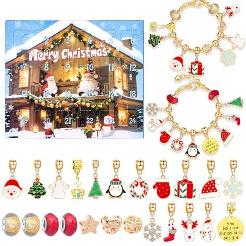 Schmuck Adventskalender Armbänder Weihnachten Schmuck Adventskalender für Mädchen 24 Tage Weihnachten Bettelarmband Weihnachten Countdown Kalender Geschenk DIY Armband (J) von AidSci