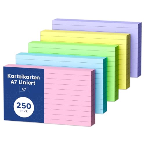 Karteikarten A7 Liniert, 250 Stück A7 Karteikarten Vokabelkarten, Bunt Lernkarten Beschriftbar Liniert Flash Cards A7 Verdickter Karteikarte, Klein Karteikarten für Vokabeln Rezepte Englisch Vokabeln von Aidunmis