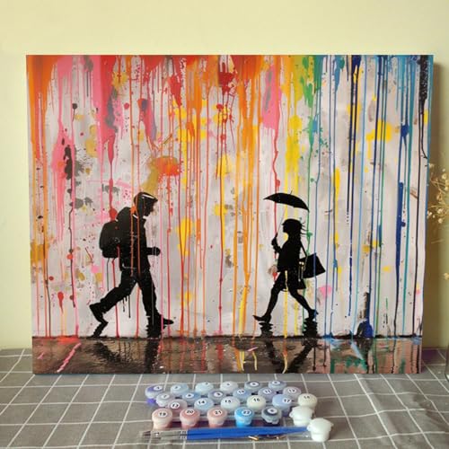 Malen nach Zahlen DIY Banksy Street Graffiti-Stil Regenbogen Regen Leinwand Ölgemälde Kit für Kinder Erwachsene Anfänger Acryl gemalt Kunstwerk Zuhause Wohnzimmer Wand dekoratives Gemälde (rahmenlos) von Aihonmin