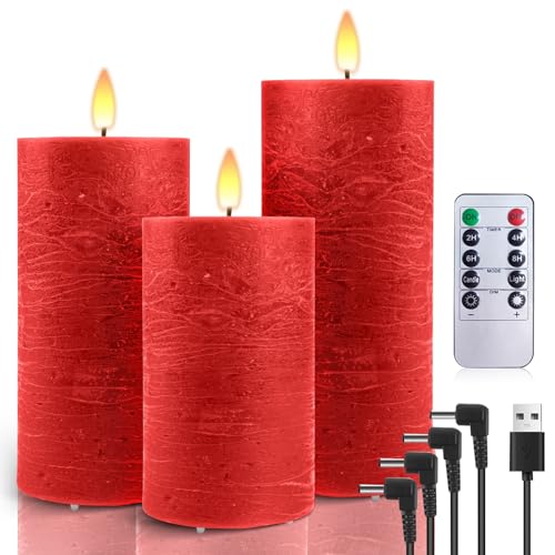 AiiBowy LED Kerzen Aufladbar USB Echtwachs [3er-Set] mit timerfunktion, LED Kerzen Flackernde Flamme,LED Kerzen Adventskranz, LED Stumpenkerzen Outdoor für Halloween Weihnachten Dekoration Rot von AiiBowy