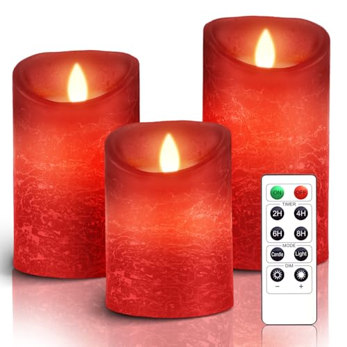 AiiBowy Led Kerzen [3er Set] Flammenlose Kerze Echtwachs Flackernde Dimmbar mit Batterie Fernbedienung Weihnachtskerzen LED Flammen 4"/5"/6” Tischdeko, Wohnzimmer, Weihnachten, Hochzeit, Party （Rot） von AiiBowy