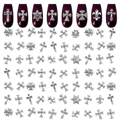 Aikeis 70 Stück Nagelzubehör Kreuznagelornamente – Nageldesign Metallnagelornamente Damen Nail Art Supplies Gothic Nail Art Ornamente Nagelzubehör Nagelkreuzornamente von Aikeis