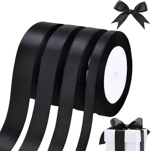 Aililong 4 Rollen x 22m Satinband Schwarz, Geschenkband Schwarz Deko Schleifenband Stoffband für Hochzeit Kunsthandwerk Geschenkverpackung, Satinband 1/1,5/2/2.5cm breit von Aililong