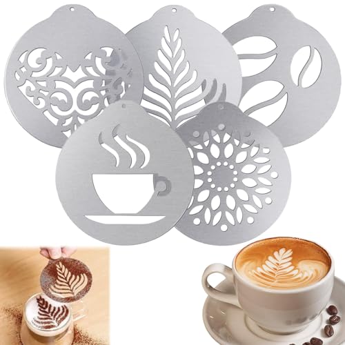 Aililong 5 Stück Kaffee Schablonen Set Edelstahl - Cappuccino Schablone Milchschaum Dekorationsschablone Kaffeezubehör - Perfekt für DIY Kunst Vorlagen und mehr von Aililong