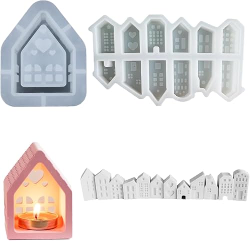 Ailovone Silikonform Kerzenhalter Haus 3D Silikonform Haus Silikonform Weihnachten Gießformen Silikonform Haus mit Fenster für DIY Weihnachten Kerze, Handwerk, Heimdekoration (b4-2pcs) von Ailovone