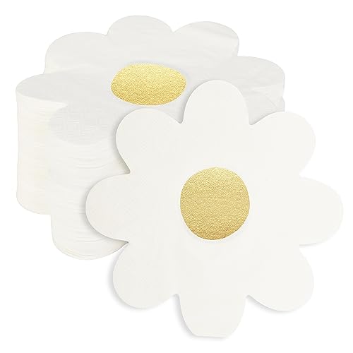 100 Stück Gänseblümchen-Papierservietten Groovy Boho Einweg Hippie Mittagessen Abendessen Servietten Blumenförmige Goldfolie Servietten für Geschirr Geburtstag Hochzeit Babyparty Cocktail Party von AimFun