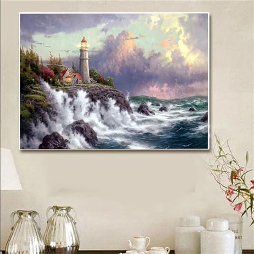 5D Diamond Painting Erwachsene,Wave-Leuchtturm Diamant Painting Bilder Set DIY Vollbohrer Runden Diamant Cross Stickerei Malerei Kits für Home Wanddekoration - 40x70cm von Aimaor