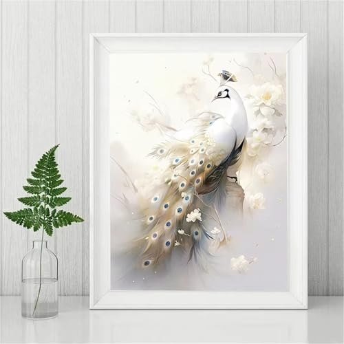 5D Diamond Painting Erwachsene,Weißer Pfau Diamant Painting Bilder Set DIY Vollbohrer Runden Diamant Cross Stickerei Malerei Kits für Home Wanddekoration - 40x70cm von Aimaor