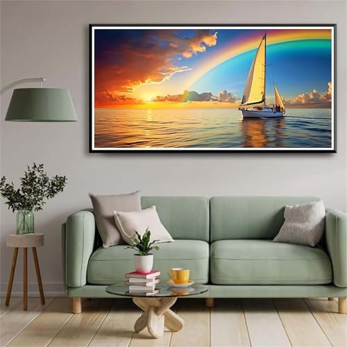 5D Diamond Painting Set für Erwachsene,Regenbogen-Segelboot Diamant Art DIY Full Round Drill Kunst Malerei Stickerei Set Kreuzstich Bilder,für Home Wand Dekor - 30x60cm von Aimaor