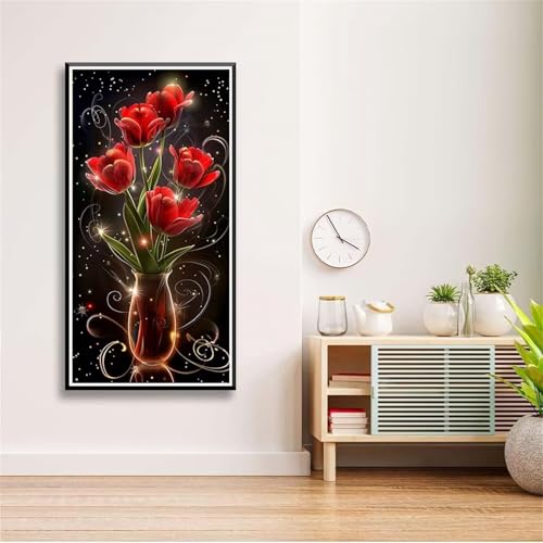 5D Diamond Painting Set für Erwachsene,Rote Tulpen Diamant Art DIY Full Round Drill Kunst Malerei Stickerei Set Kreuzstich Bilder,für Home Wand Dekor - 30x60cm von Aimaor