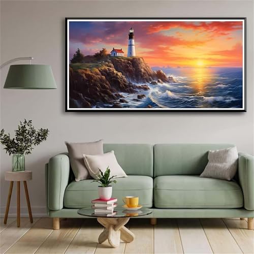 5D Diamond Painting Set für Erwachsene,Sonnenaufgang Leuchtturm Diamant Art DIY Full Round Drill Kunst Malerei Stickerei Set Kreuzstich Bilder,für Home Wand Dekor - 40x80cm von Aimaor