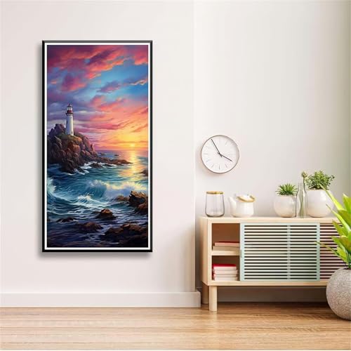 5D Diamond Painting Set für Erwachsene,Sonnenuntergang Leuchtturm Diamant Art DIY Full Round Drill Kunst Malerei Stickerei Set Kreuzstich Bilder,für Home Wand Dekor - 30x60cm von Aimaor