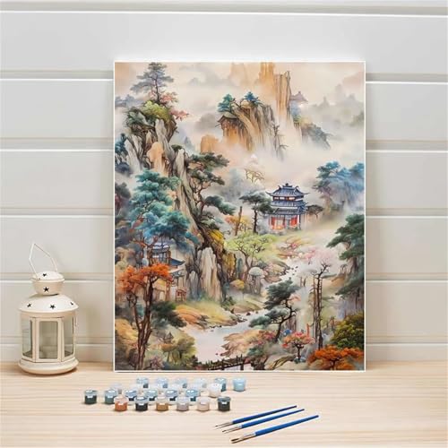 Aimaor Malen Nach Zahlen Chinesische Landschaft,DIY Handgemalt Ölgemälde Kit für Erwachsene,Acrylmalerei Set mit Pinseln und Farben,für Geschenk,Hause Dekoration (DIY Frame)-40x50cm von Aimaor