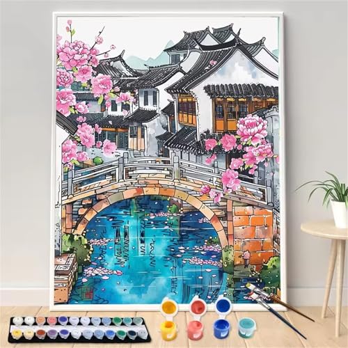 Aimaor Malen Nach Zahlen Erwachsene Anime,Kleine Stadt Paint by Numbers Set,DIY Dame mit Pinseln und Acrylfarben Handgemalt Ölgemälde Leinwand für Home Dekor 30x55cm,Rahmenlos von Aimaor