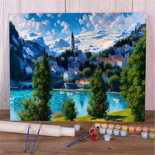 Aimaor Malen Nach Zahlen Erwachsene Berg,Kleine Stadt Paint by Numbers Set,DIY Dame mit Pinseln und Acrylfarben Handgemalt Ölgemälde Leinwand für Home Dekor 20x30cm,Rahmenlos von Aimaor