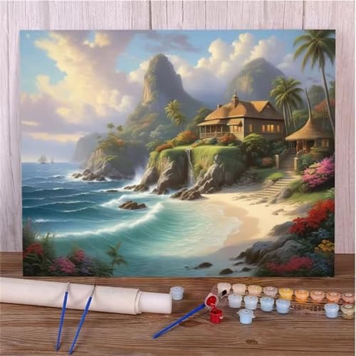 Aimaor Malen Nach Zahlen Erwachsene DIY Berge Meer mit Rahmen Handgemalt Ölgemälde Kit für Anfänger mit Pinseln und Acrylfarben Paint by Numbers Kit für Geschenk Heimdekoration - 40x50cm von Aimaor