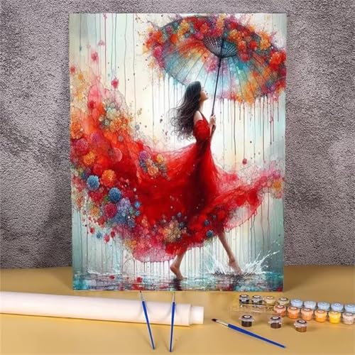 Aimaor Malen Nach Zahlen Erwachsene DIY Frau im roten Kleid mit Rahmen Handgemalt Ölgemälde Kit für Anfänger mit Pinseln und Acrylfarben Paint by Numbers Kit für Geschenk Heimdekoration - 40x50cm von Aimaor