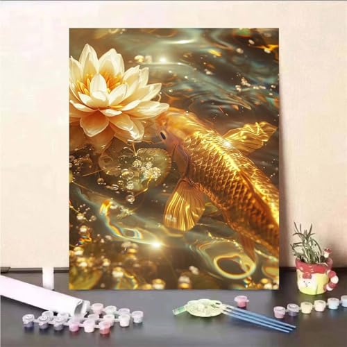 Aimaor Malen Nach Zahlen Erwachsene DIY Goldener Koi mit Rahmen Handgemalt Ölgemälde Kit für Anfänger mit Pinseln und Acrylfarben Paint by Numbers Kit für Geschenk Heimdekoration - 40x50cm von Aimaor