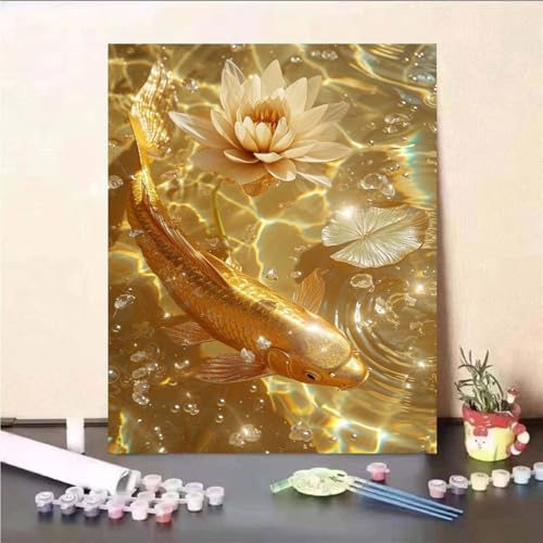 Aimaor Malen Nach Zahlen Erwachsene DIY Goldener Koi mit Rahmen Handgemalt Ölgemälde Kit für Anfänger mit Pinseln und Acrylfarben Paint by Numbers Kit für Geschenk Heimdekoration - 40x50cm von Aimaor