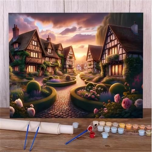 Aimaor Malen Nach Zahlen Erwachsene DIY Haus Sonnenuntergang mit Rahmen Handgemalt Ölgemälde Kit für Anfänger mit Pinseln und Acrylfarben Paint by Numbers Kit für Geschenk Heimdekoration - 30x40cm von Aimaor