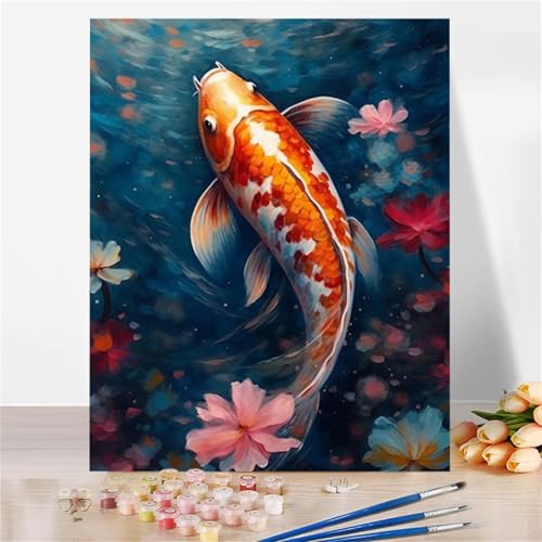 Aimaor Malen Nach Zahlen Erwachsene DIY Koi-Blume mit Rahmen Handgemalt Ölgemälde Kit für Anfänger mit Pinseln und Acrylfarben Paint by Numbers Kit für Geschenk Heimdekoration - 40x50cm von Aimaor