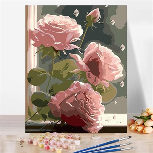 Aimaor Malen Nach Zahlen Erwachsene DIY Rosa Rosen mit Rahmen Handgemalt Ölgemälde Kit für Anfänger mit Pinseln und Acrylfarben Paint by Numbers Kit für Geschenk Heimdekoration - 45x60cm von Aimaor