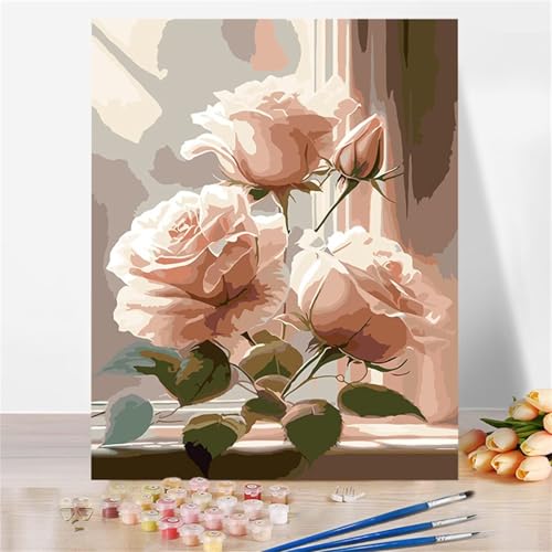 Aimaor Malen Nach Zahlen Erwachsene DIY Rosa Rosen mit Rahmen Handgemalt Ölgemälde Kit für Anfänger mit Pinseln und Acrylfarben Paint by Numbers Kit für Geschenk Heimdekoration - 50x65cm von Aimaor