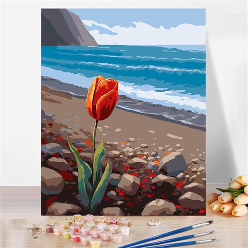 Aimaor Malen Nach Zahlen Erwachsene DIY Rote Tulpe mit Rahmen Handgemalt Ölgemälde Kit für Anfänger mit Pinseln und Acrylfarben Paint by Numbers Kit für Geschenk Heimdekoration - 30x40cm von Aimaor