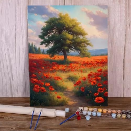 Aimaor Malen Nach Zahlen Erwachsene DIY Roter Mohnbaum mit Rahmen Handgemalt Ölgemälde Kit für Anfänger mit Pinseln und Acrylfarben Paint by Numbers Kit für Geschenk Heimdekoration - 45x60cm von Aimaor