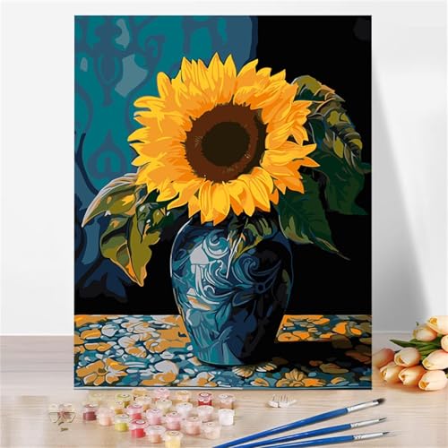 Aimaor Malen Nach Zahlen Erwachsene DIY Sonnenblumenflasche mit Rahmen Handgemalt Ölgemälde Kit für Anfänger mit Pinseln und Acrylfarben Paint by Numbers Kit für Geschenk Heimdekoration - 30x40cm von Aimaor