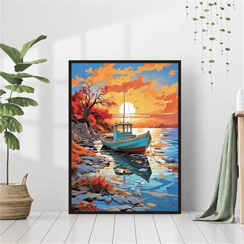 Aimaor Malen Nach Zahlen Erwachsene DIY Sonnenuntergangsboot mit Rahmen Handgemalt Ölgemälde Kit für Anfänger mit Pinseln und Acrylfarben Paint by Numbers Kit für Geschenk Heimdekoration - 60x75cm von Aimaor