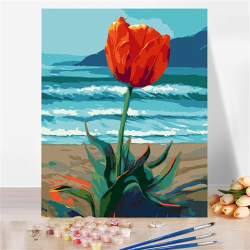 Aimaor Malen Nach Zahlen Erwachsene DIY Tulpenstrand mit Rahmen Handgemalt Ölgemälde Kit für Anfänger mit Pinseln und Acrylfarben Paint by Numbers Kit für Geschenk Heimdekoration - 30x40cm von Aimaor