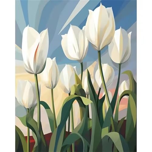 Aimaor Malen Nach Zahlen Erwachsene DIY Weiße Tulpen mit Rahmen Handgemalt Ölgemälde Kit für Anfänger mit Pinseln und Acrylfarben Paint by Numbers Kit für Geschenk Heimdekoration - 60x75cm von Aimaor