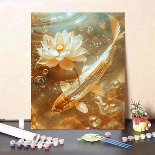 Aimaor Malen Nach Zahlen Erwachsene Lotus-Koi,DIY Paint by Numbers Kit mit 3-Pinseln und Acrylfarbe Leinwand Handgemalt Ölgemälde für Home Decor(Rahmenlos) - 40x50cm von Aimaor