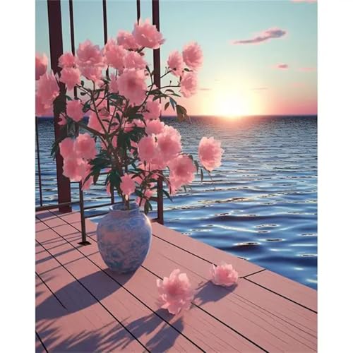 Aimaor Malen Nach Zahlen Erwachsene Rosa Blumen Ozean,Anfänger Paint by Numbers,mit Pinseln und Acrylfarben Handgemalt Ölgemälde Leinwand(Ohne Rahmen),zur Heimdekoration - 30x40cm von Aimaor