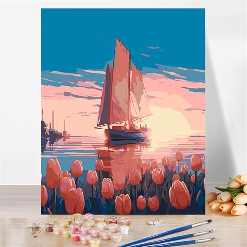 Aimaor Malen Nach Zahlen Erwachsene Rosa Tulpen-Segelboot,DIY Paint by Numbers Kit mit 3-Pinseln und Acrylfarbe Leinwand Handgemalt Ölgemälde für Home Decor(Rahmenlos) - 55x70cm von Aimaor