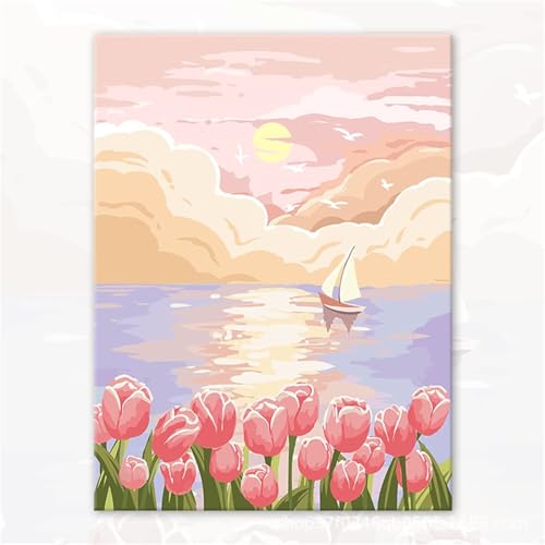 Aimaor Malen Nach Zahlen Erwachsene Rosa Tulpenboot,DIY Paint by Numbers Kit mit 3-Pinseln und Acrylfarbe Leinwand Handgemalt Ölgemälde für Home Decor(Rahmenlos) - 60x75cm von Aimaor