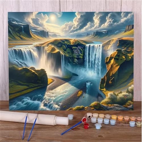 Aimaor Malen Nach Zahlen Erwachsene Wasserfalllandschaft,DIY Paint by Numbers Kit mit 3-Pinseln und Acrylfarbe Leinwand Handgemalt Ölgemälde für Home Decor(Rahmenlos) - 30x40cm von Aimaor