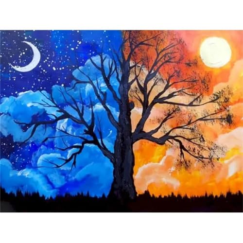 Aimaor Malen Nach Zahlen Sonne Mond Baum,DIY Handgemalt Ölgemälde Kit für Erwachsene,Acrylmalerei Set mit Pinseln und Farben,für Geschenk,Hause Dekoration (DIY Frame)-55x70cm von Aimaor