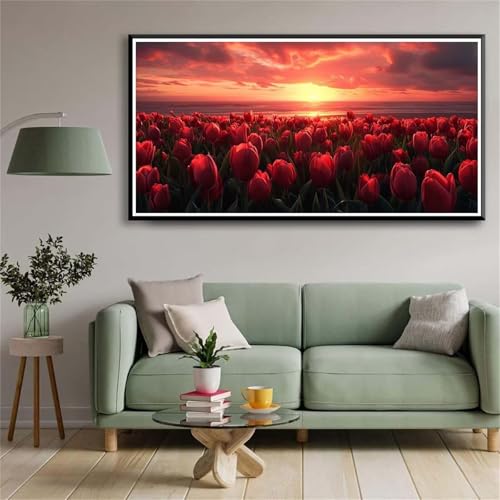 DIY Sonnenaufgang rote Tulpen Diamant Painting für Erwachsene,5D Diamond Painting Bilder für Anfänger,Full Drill Gem Art Painting Kits für Home Wall Decor Geschenke - Square Drill(50x120cm) von Aimaor