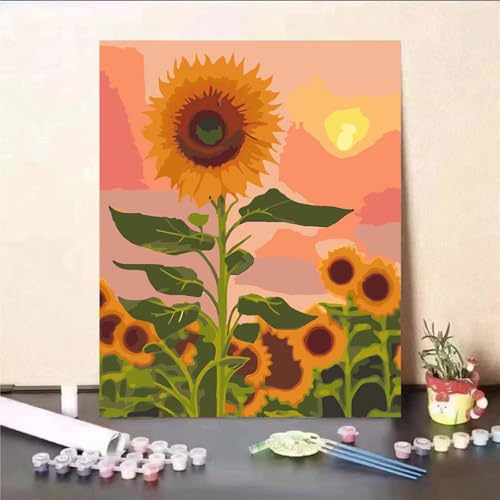 Malen Nach Zahlen Erwachsene DIY Wunderschöne Sonnenblumen mit Rahmen Handgemalt Ölgemälde Kit für Anfänger mit Pinseln und Acrylfarben Paint by Numbers Kit für Geschenk Heimdekoration - 50x65cm von Aimaor